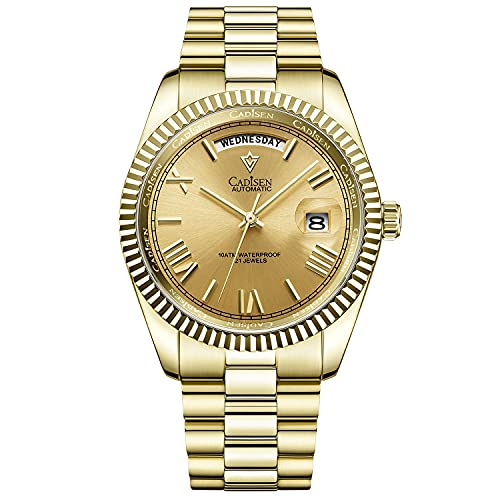 CADISEN Men Automatic Watch Sapphire Luxury Mechanical Wristwatch Stainless Steel Waterproof Watch Men MIYOTA8285 (Gold)