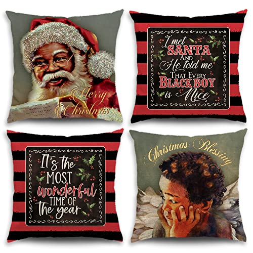 CARRIE HOME African American Christmas Decorations Black Santa Claus Christmas Pillow Covers 18x18 Set of 4 for Christmas Couch Decor (Black Boy Angel)