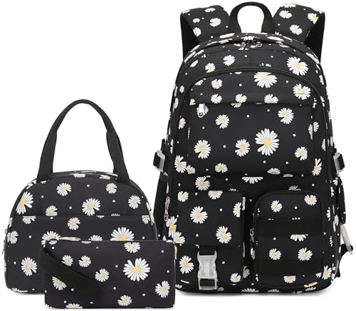 Classic Diamond Daisy Backpack for School Backpack for Girls Backpack with Lunch Box Bookbag Set Kids Backpacks for Teen Girls (Black)