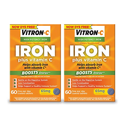 Vitron-C Iron Supplement, Once Daily, High Potency Iron Plus Vitamin C, Support Red Blood Cell Production, Dye Free Tablets, 60 Count, 2 Pack