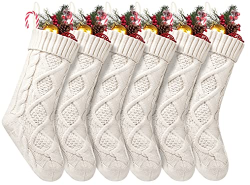 Fesciory Christmas Stockings, 6 Pack 18 Inches Large Size Cable Knitted Stocking Gifts & Decorations for Family Holiday Xmas Party, Ivory White