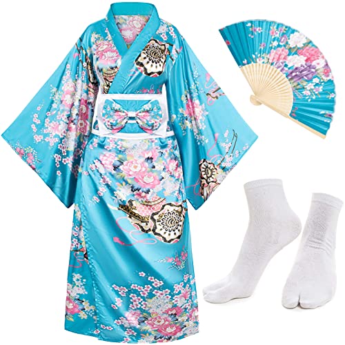 Japanese Anime Women's Long Kimono Robe Fancy Dress Hand Held Silk Folding Fans Tabi Socks Set Light Blue
