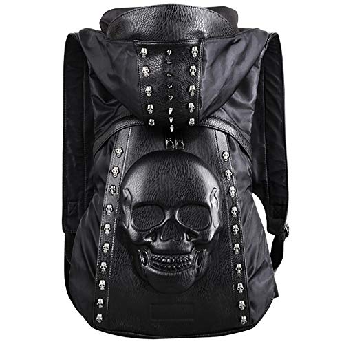 Chikencall Skull Backpack Hooded Skull Gothic Rucksack Rivet Studded Zipper Shoulder Purse Black Punk Metal 3D Stereo Daypack