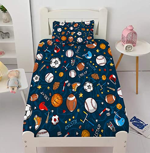 Gusuhome Boys Sports Fitted Sheet Twin Size 3D Soccer Basketball Baseball Football Bedding for Kids Teens Bedroom Comfy Deep Pocket Bed Sheet Set Decorative for Sports Fans Blue