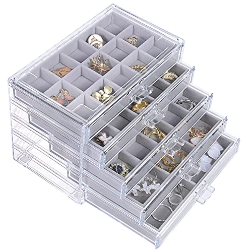 misaya Earring Jewelry Organizer with 5 Drawers, Gift for Women, Girls, Clear Acrylic Jewelry Box for Women, Velvet Earring Display Holder for Earrings Ring Bracelet Necklace, Gray