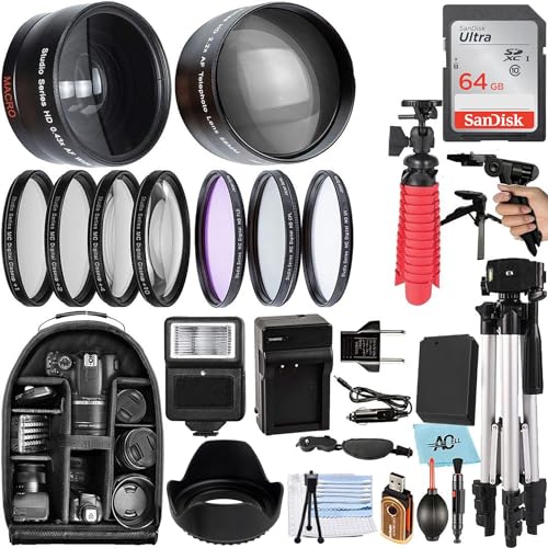 A-Cell 58mm Accessory Bundle for Canon EOS Rebel T7, T6, T5, T3, T100, 4000D, 2000D, 3000D and More with 64GB SanDisk Memory Card, Wide Angle Lens, Telephoto Lens, Tripod, Backpack, SDAB210412