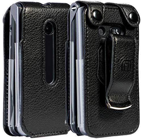 Case for LG Classic Flip Phone, Nakedcellphone [Black Vegan Leather] Form-Fit Cover with [Built-in Screen Protection] and [Metal Belt Clip] for LG Classic Flip (L125DL)
