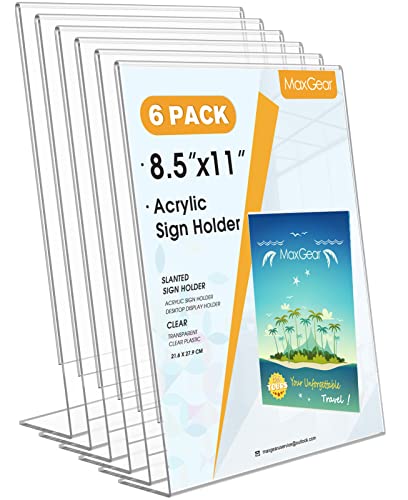 MaxGear 6 Pack Acrylic Sign Holder 8.5 X 11, Plastic Sign Holder Plastic Paper Holder With Vertical Slanted Back Clear Picture Photo Frames Display Stand Flyer Document Holder for Office Desktop