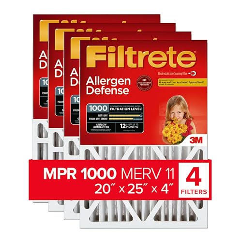 Filtrete 20x25x4 Air Filter, MPR 1000, MERV 11, Allergen Defense 12-Month Deep Pleated 4-Inch Air Filters, 4 Filters