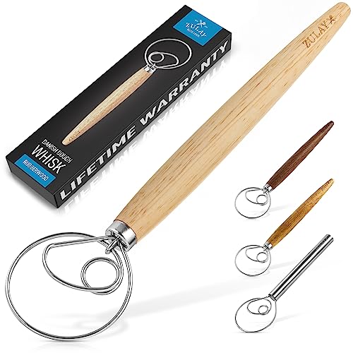 Zulay Kitchen 13-Inch Danish Dough Whisk - Wooden Danish Whisk for Dough with Stainless Steel Dough Hook - Traditional Dutch Whisk - Bread Whisk for Sourdough, Pizza, Pastry, Cake Batter