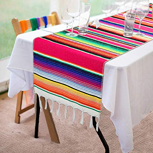 Fowecelt Mexican Serape Table Runner 14 x 84 Inch for Mexican Party Wedding Decorations Outdoor Picnics Dining Table, Fringe Cotton Table Runners