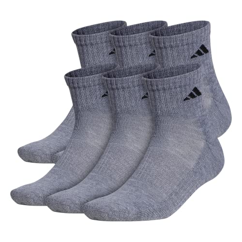 adidas Men's Athletic Cushioned Quarter Socks (with Arch Compression for a Secure fit (6-Pair), Heather Grey/Black, Large