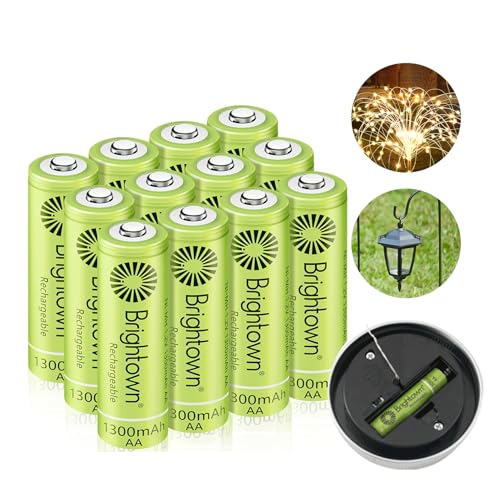 Brightown 12-Pack Rechargeable AA Batteries - 1000mAh 1.2V NiMH High Capacity Batteries - Ideal for Solar Lights & Home Devices, Recharge up to 1000x Times, Pre-Charged