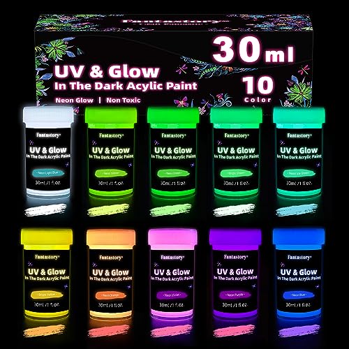 Fantastory Glow in the Dark Acrylic Paint, 10 Extra Bright Colors, 30ml/1oz Waterproof Glow in Dark Paint,Indoor Outdoor Blacklight Paint for Kids,Adults, Rocks,Walls,Halloween,Craft &Fabric