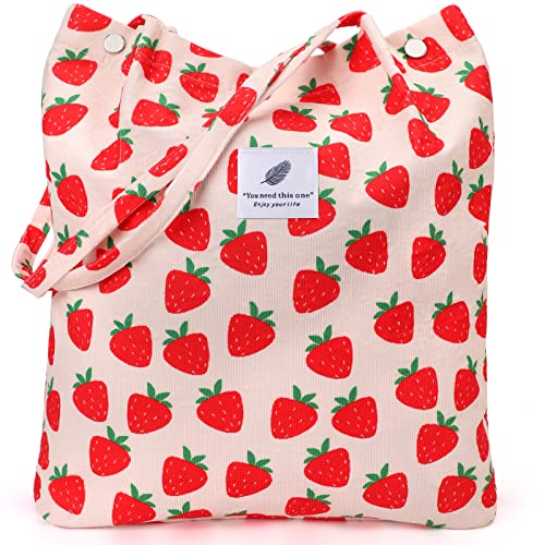 LHMTQVK Corduroy Tote Bags for Women Girls, Large Capacity Corduroy Bag Reusable Grocery Shoulder Bag with Inner Pockets(Strawberry)