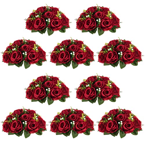 NUPTIO Flower Wedding Centrepieces for Tables - 10 Pcs 9.5in Diameter Crimson Artificial Flowers Rose Ball for Centerpieces Table - Fake Rose Arrangements for Weddings Birthday Party Decor