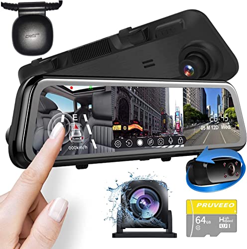 PRUVEEO 2K Mirror Dash Cam 3 Channel,rear view mirror camera,dash cam front and rear inside,12'' Full Touch Screen, IR Night Vision(Sony Sensor),GPS,Parking Assistance, G-Sensor,Free 64GB Card