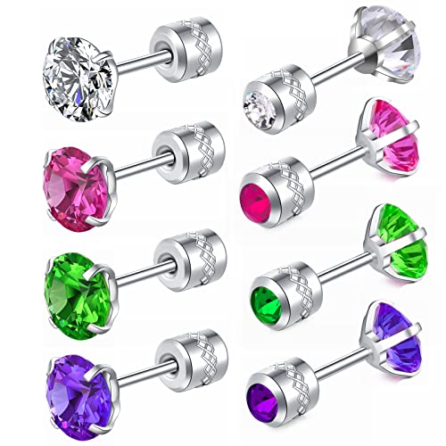 ZQGOFPT 4 Pairs Titanium Screw Back Earrings for Women Men,Hypoallergenic Surgical Steel Earrings Double Side Cubic Zirconia Piercing Sleeper Studs Stainless for Sensitive Ears,Rainbow 5A Birthstone