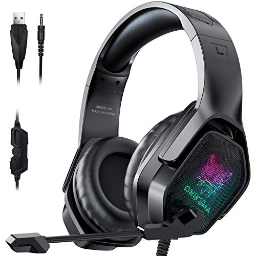 EUARNE Gaming Headset with Microphone, Noise Canceling Headphones with 3D Surround Sound Stereo, Soft Earmuff & RGB LED Light, Over-Ear Game Headphones for PC, PS4, Xbox One, PS5, Mac, Laptop-Black