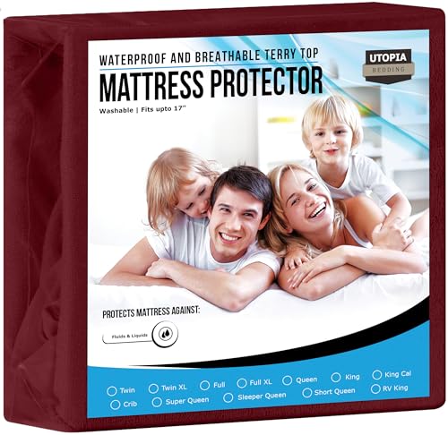 Utopia Bedding Waterproof Mattress Protector Queen Size, Premium Terry Mattress Cover 200 GSM, Breathable, Fitted Style with Stretchable Pockets (Burgundy)