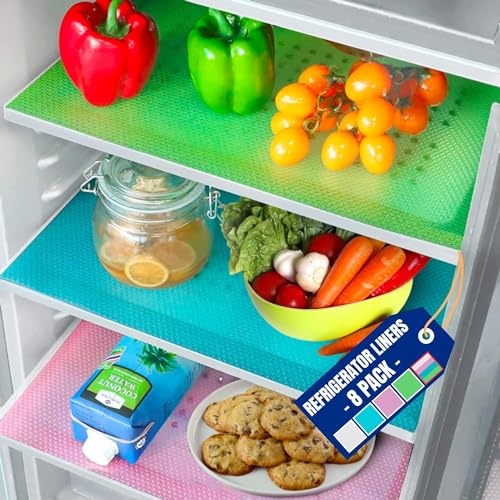 Refrigerator Liners for Shelves (8 Pack) by Linda’s Essentials | Easy to Clean Fridge Liner | Spill Protection Refrigerator Shelf Liners Drawer Liner | NonSlip BPA-Free Refrigerator Mats (Multi Color)