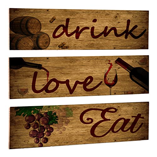 3 Pieces Red Wine Wall Art Wooden Barrel Wall Plaque Love,Eat,Drink Wood Signs Food Kitchen Decor Fruit Grape Wall Decor Retro Wine Cup/Bottle Picture for Dining Room Wine Cellar Artwork (Black)
