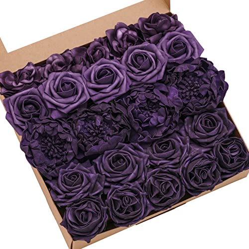 Ling's Moment Artificial Flowers Fake Roses Faux Peony Foam Gardenia Combo for DIY Wedding Bouquets Centerpieces Arrangements Bridal Shower Party Home Decorations, Purple, 23pcs