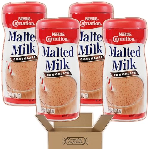 Carnation Malted Milk 4 Canister Bulk Pack - Chocolate Flavored - 52 Ounces Total - Perfect For Making Chilled Chocolate Milk and Milk Shakes - In Cornershop Confections Protective Box