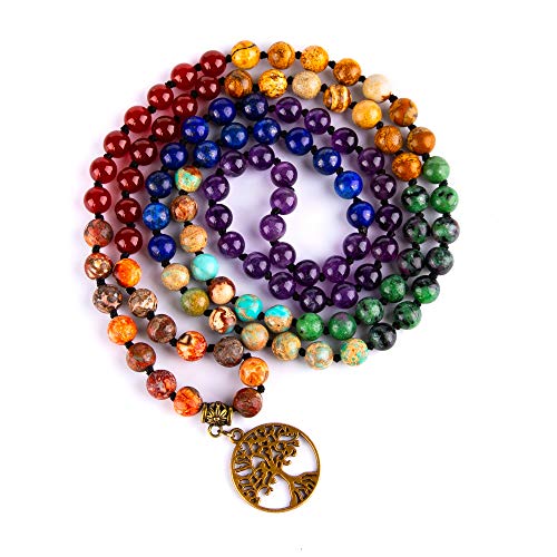 Bivei 7 Chakra 108 Mala Beads Bracelet Real Healing Gemstone Yoga Meditation Hand Knotted Mala Prayer Bead Necklace(Tree of Life-8mm beads)