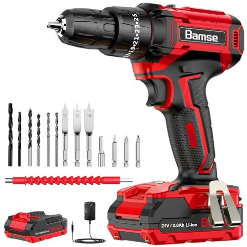 Cordless Drill Set 21V, Bamse Electric Power Drill Kit with 25*3 Position Hammer Drill with 2.0Ah Battery and Charger, 372 In-lbs Max, 3/8'' Keyless Chuck, 2 Variable Speed and 14pcs Drill/Driver Bits