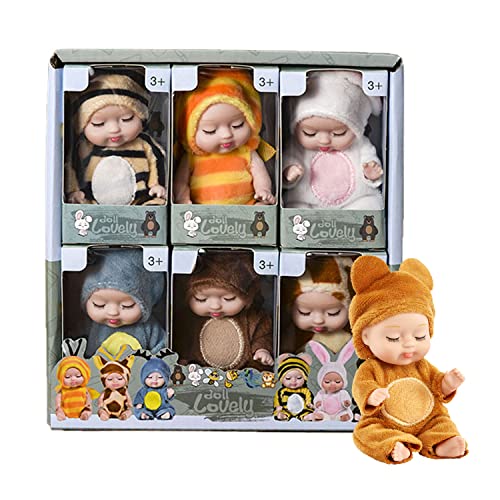 KOILLIEUS 4 Inch Mini Baby Dolls 6pcs Gift Set, Cute Small Baby Doll Toys with Animal Clothes, Suitability Kids 3 and up A Edition
