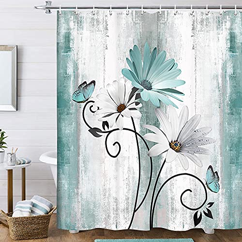 VeiVian Rustic Farmhouse Shower Curtain, Farm Teal Daisy Floral Flowers and Butterfly on Country Wooden Shower Curtain for Bathroom, Turquoise Blue with 12PCS Hooks, 70X70IN