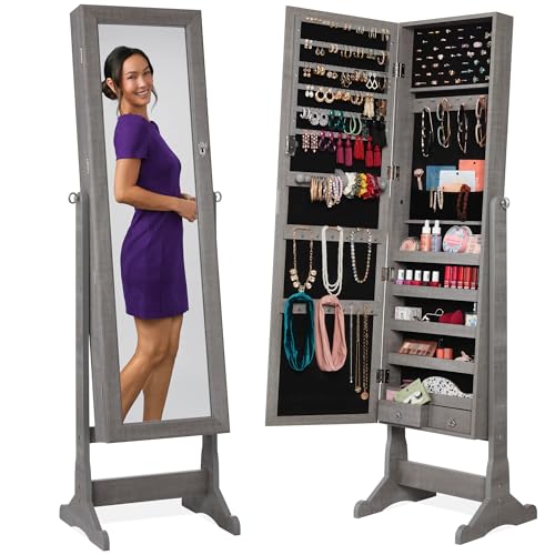 Best Choice Products Freestanding Jewelry Armoire Cabinet, Full Length Standing Mirror, Lockable Makeup Storage Organizer, w/Velvet Lining, 3 Angles, Lock, Accessory Pouch, 5 Shelves - Gray Oak