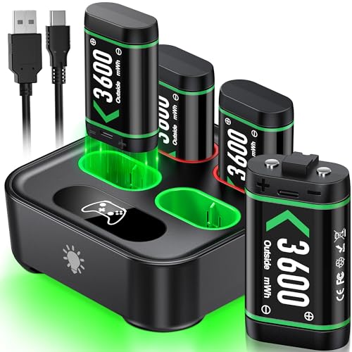 Upgraded Fast Charging Rechargeable Battery Packs with Light Control, 4 x 3600mWh Xbox Controller Batteries with Battery Charging Dock/Station for Xbox One/Xbox Series X|S, Xbox One S/X/Elite(1500mAh)
