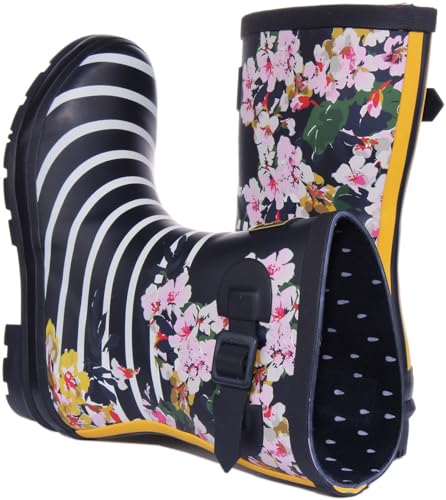 Joules Women's Molly Welly Mid Height Printed Rain Boot Navy Floral Stripe 8