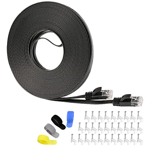 Cat 6 Ethernet Cable 75 ft (at a Cat5e Price but Higher Bandwidth) Flat Internet Network Cable Support 10Gbps 500 Mhz - Black Computer LAN Cable + Free Clips and Straps for Router Xbox Modem