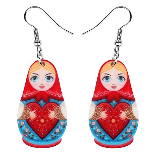 WEVENI Acrylic Russian Matryoshka Doll Earrings Dangle Drop Charm Jewelry For Women Girls Novelty Gifts (Red)