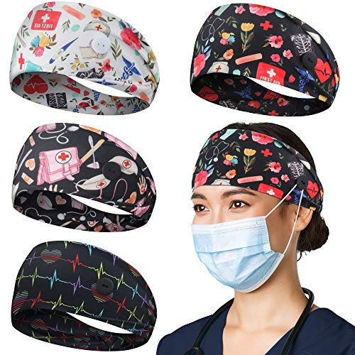 HoogaLife 4pcs Headbands With Buttons For Mask, Women's And Men's Turban Non-Slip Workout Headbands Hair Bands Protect Your Hair And Ears - Medical Set