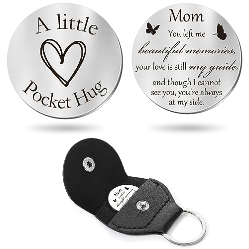Pocket Hug Token Long Distance Relationship Keepsake Stainless Steel Double Sided Inspirational Gift with PU Leather Keychain (Mom Memorial)