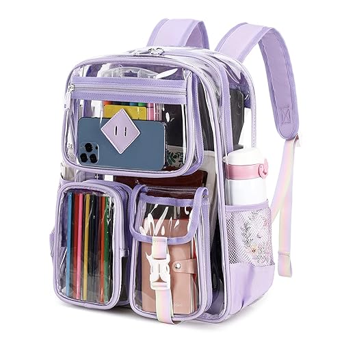 PIG PIG GIRL Clear Backpack for School,Heavy Duty PVC Transparent Bookbag for Girls Stadium Approved See Through Backpack for Women for College Work Travel Festival,Purple