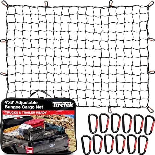TireTek Cargo Net for Pickup Truck Bed - 4' x 6' Stretches to 8' x 12' - Heavy Duty Small 4”x4” Latex Bungee Net Mesh w/ 12 Metal Carabiners - Truck Bed Accessories for Dodge RAM, Ford, Chevy, Toyota