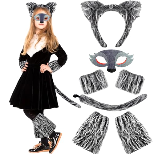 NinkyNonk 7 PCS 101 Days of School Wolf Costume Kits Includes Wolf Ears Headband Tail Eye Mask Gloves Leg Warmers for Kids Werewolf Big Bad Wolf Cosplay Halloween Party Dress Up Supplies