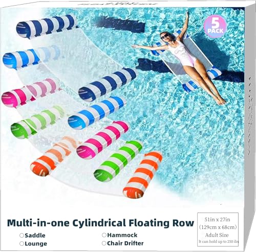 JUXIAO Pool Floats Adult Size - 5 Pack Pool Floaties Hammock Multi-Purpose 4-in-1 Pool Noodles Floaties for Adults (Blue, Dark Blue, Rose Red, Green, Orange)