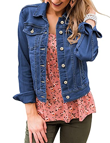 Vetinee Women's Nightfall Blue Basic Stretch Fitted Casual Button Down Truker Denim Jacket Long Sleeve Pockets Jean Coat XX-Large