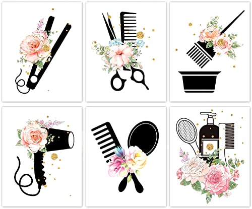 Hair Salon Wall Art, Women Fashion Bathroom Bedroom Decor, Scissors Hair Dryer Curling Iron Canvas Posters, Hairdresser Haircut Tools Art Painting for Barber Shop Decoration, 6 Set-(8'x10' Unframed)
