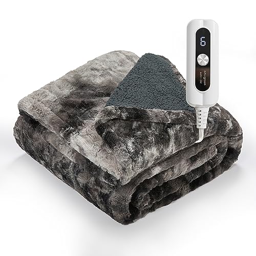 SNUGSUN Heated Blanket Faux Fur & Sherpa Twin Size, Safe Electric Blanket ETL & FCC Certified, Soft Warm 6 Heating Levels & 10 Hours Auto-Off, Machine Washable, 62'x84' Dark Grey