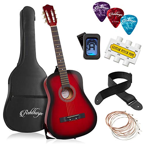Ashthorpe 38-inch Beginner Acoustic Guitar Package (Red), Basic Starter Kit w/Gig Bag, Strings, Strap, Tuner, Pitch Pipe, Picks