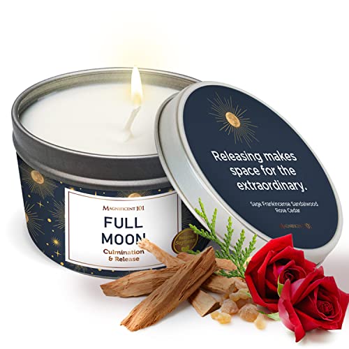 Magnificent 101 Long Lasting Full Moon Aromatherapy Candle With Sage, Frankincense, Sandalwood, Rose & Cedar | 6 Oz - 35 Hour Burn | All Natural Soy Wax Candle for Manifestation, Culmination & Release