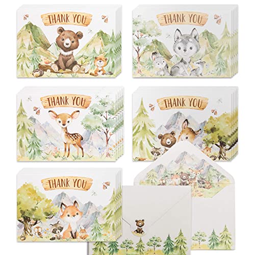 VNS Creations 50 Woodland Animal Thank You Cards, Bulk Forest & Mountain Creatures Thank You Notes w/Matching Lined Envelopes & Stickers, 4 x 6 in.