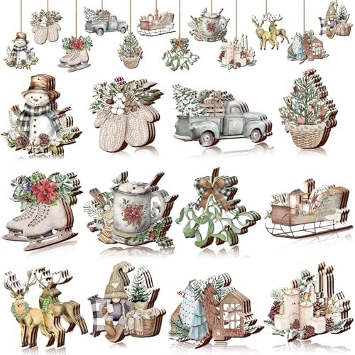 Suzile 36 Pcs Wooden Christmas Ornaments Hanging Crafts Vintage Christmas Decorations Christmas Small Hanging Sign for Xmas Home Decor (Snowman Style)